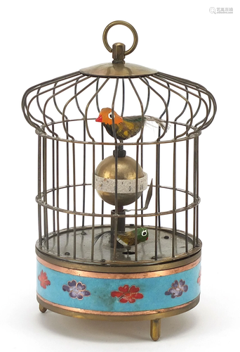 Brass and cloisonne clockwork automaton bird cage with