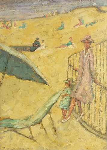 Mother and child on a beach beside metal railings, oil