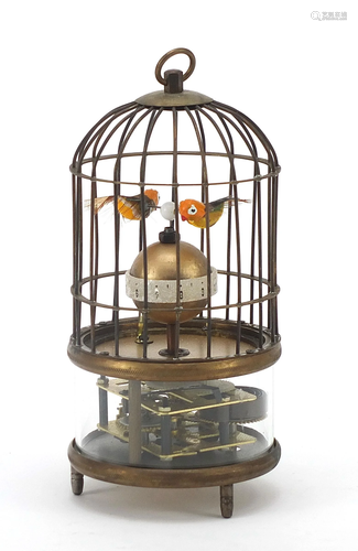 Brass clockwork automaton bird cage alarm clock, 18cm