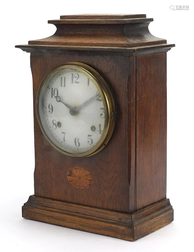 Edwardian inlaid oak mantle clock with painted dial