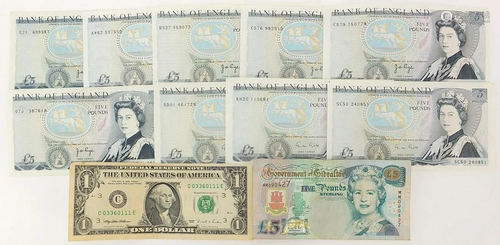 Banknotes including nine Bank of England five pound