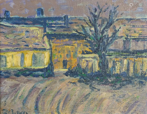 Farm buildings and trees, Post Impressionist oil on