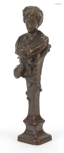Art Nouveau patinated bronze desk seal of a maiden,