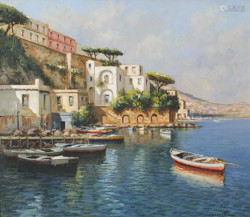 Mario Irace - Moored boats beside villas, Italian oil