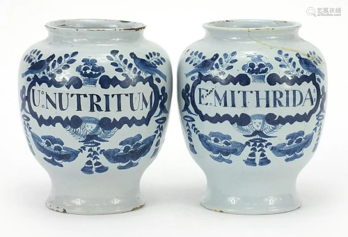 Two 18th century Delft blue and white tin glazed drug