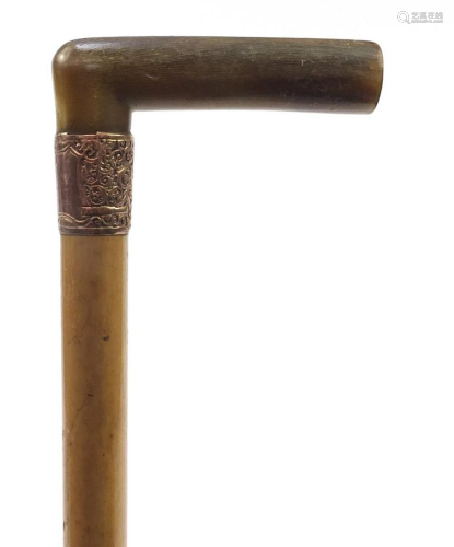 Malacca walking stick with horn handle and 9ct gold
