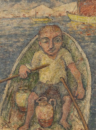 Figure rowing a boat, oil on board, mounted and framed,