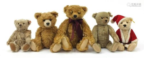 Five Steiff teddy bears, three with growlers, the