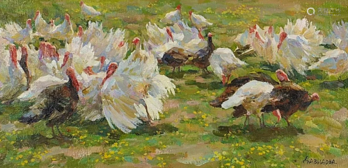 Marina Davidova - Turkeys, signed oil on canvas,