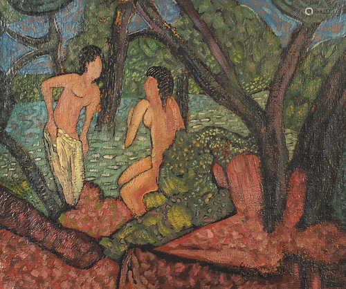 Two figures beside water, Middle Eastern school oil on