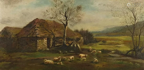 Sheep before a cottage and landscape, oil on canvas,