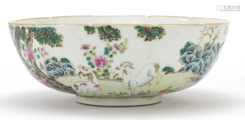 Chinese porcelain famille rose bowl with goats, red six