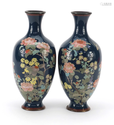 Pair of Japanese cloisonne vases enamelled with birds