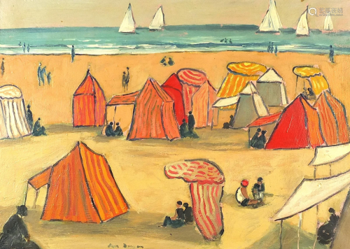 Beach huts and figures before water and boats, oil on