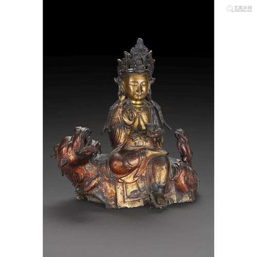 BELLE STATUE DE GUANYIN-AVALOKITESHVARA CHEVAUCHANT LE QILIN...