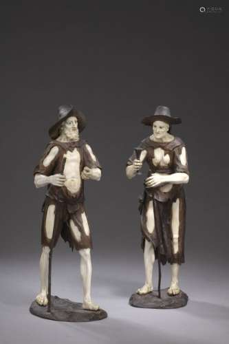 Suiveur de Simon Tröger (1693-1768) Couple de gueux Statuett...