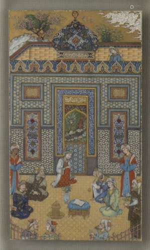Miniature persane dans un cadre en khatam kari Pigments poly...