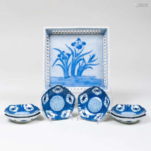 Japanese Porcelain Square Tray and a Set of Six Small