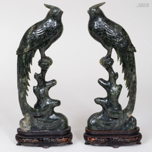 Pair of Chinese Spinach Green Hardstone Carvings of