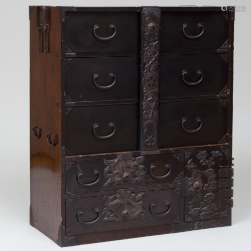 Japanese Metal-Mounted Stained Wood Tansu with Center