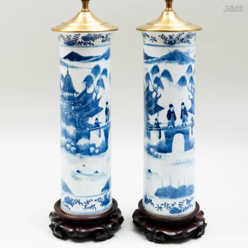Pair of Chinese Blue and White Porcelain Cylindrical