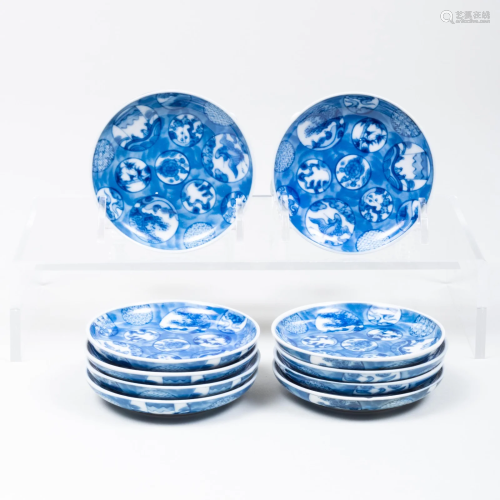 Set of Ten Japanese Imari Type Blue and White Porcelain