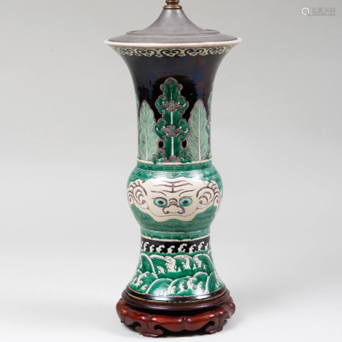 Chinese Famille Noir Porcelain Gu Shaped Vase Mounted