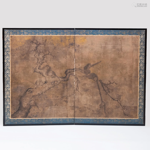 Japanese Two Panel Screen of Gibbons in Trees