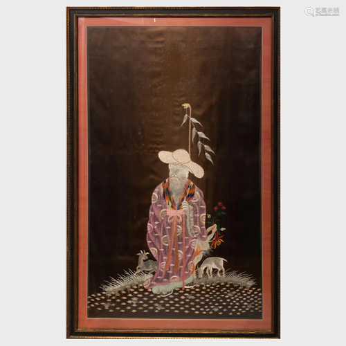 Chinese Silk Embroidery of a Seated Immortal