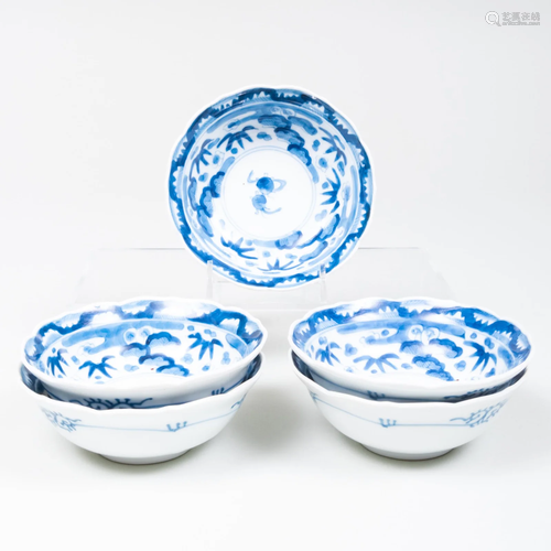 Set of Five Japanese Blue and White Porcelain Bowls