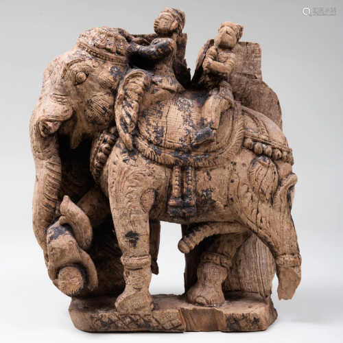 South Indian Carved Wood Battle Elephant and Twp