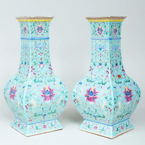 Pair of Chinese Famille Rose Turquoise Ground Porcelain