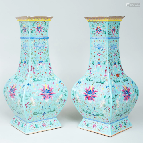 Pair of Chinese Famille Rose Turquoise Ground Porcelain