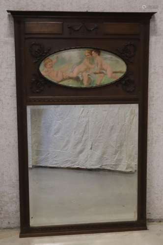 Eiken spiegel met ovale trumeau van cupido's, Louis XVI stij...