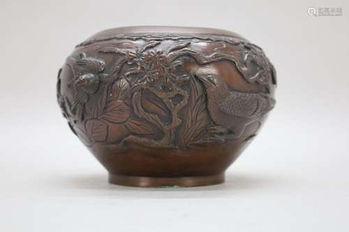 Bronzen Aziatische cachepot met vogeldecor - Hoogte 13,5 cm....