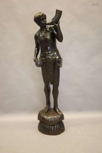 Handgesculpteerd Indisch beeld 'Hoornblazer' - Hoogte 158 cm...