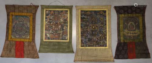 Vier scrolls met batics met boeddha verheerlijking en tempel...