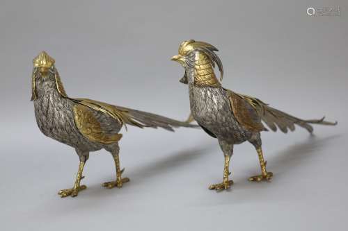 Paar verzilverde fazanten met goudkleurige afwerking - Lengt...