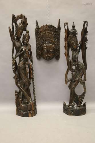 Twee hardhouten Balinese sculpturen van danseressen - Hoogte...