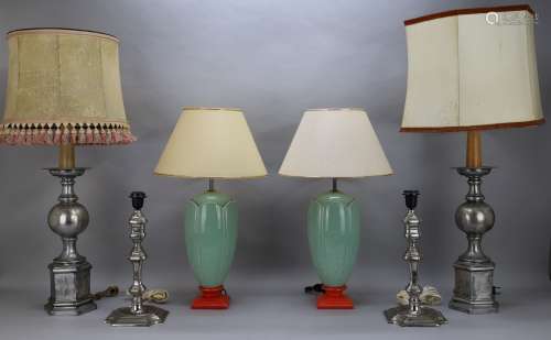 Paar tinnen lampadaires met zeshoekige voet en ballusters - ...