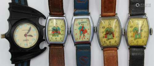 JEWELRY. (5) Vintage Superman and Batman Watches.