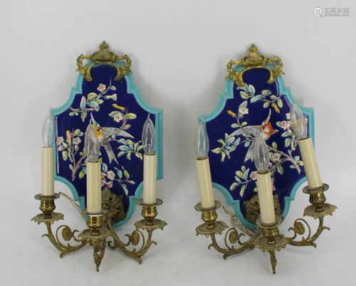 Pr Of Bronze Mounted Enameled Porcelain Sconces