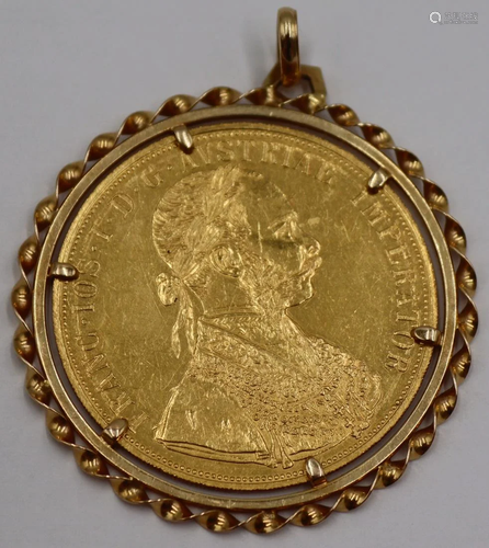 JEWELRY. 14kt Gold Mounted 1915 Austrian Ducat.