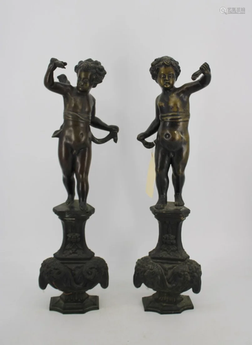 Pr Of Large Antique Cherubs Standing On Rams Heads