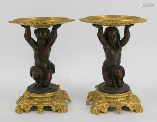 An Antique Pair Of Patinated & Gilt Bronze