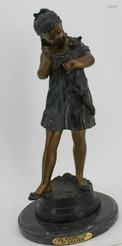 Vintage Bronze Sculpture Girl Holding Cat.