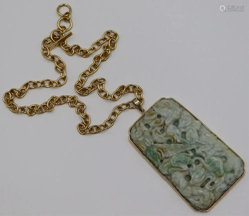 JEWELRY. Large Signed 14kt Gold and Jade Pendant.