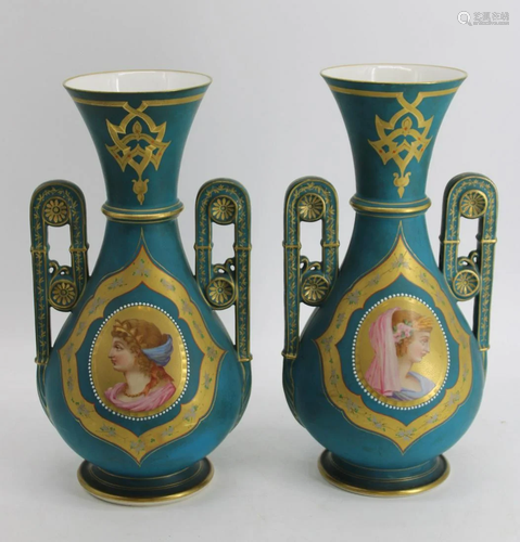 Antique Pair of Porcelain Portrait Urns.