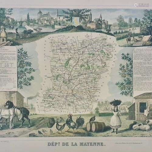 DEPARTEMENT DE LA MAYENNE.Belle carte en couleurs, vers 1870...