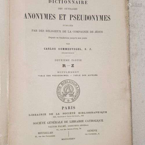 (Voyages) SOMMERVOGEL (Carlos) Dictionnaire des Ouvrages Ano...